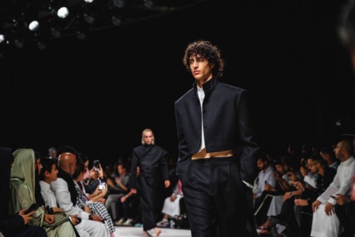 Model walks the runway during the KML show at Riyadh Fashion Week October 20, 2024 in Riyadh, Saudi Arabia.