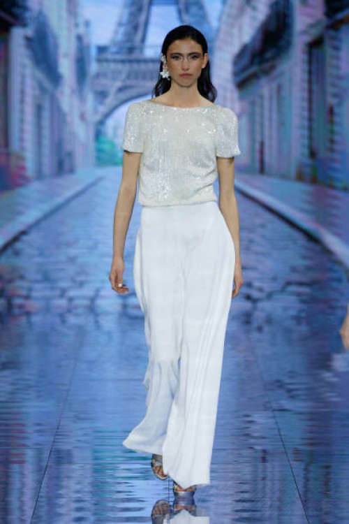Model walks the runway during the Marylise, Rembo Styling & Carta Blanca show as part of the Barcelona Bridal Week 2023 on April 19, 2023 in...