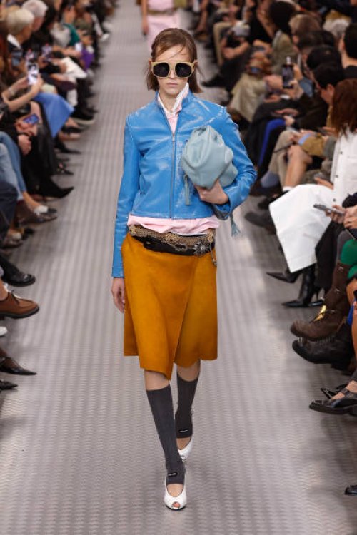 Model walks the runway during the Miu Miu Paris Womenswear Spring-Summer 2025 show as part of Paris Fashion Week on October 1, 2024 in Paris, France.