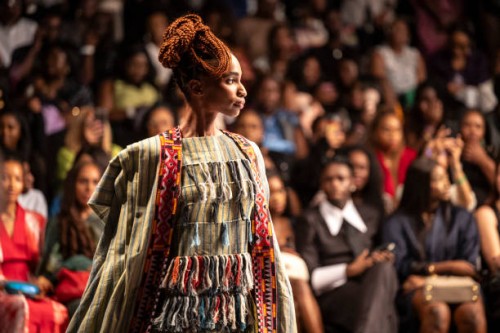 Model wearing a creation by Malian designer Awa Meite walks the runway during Lagos Fashion Week in Lagos on October 26, 2024.