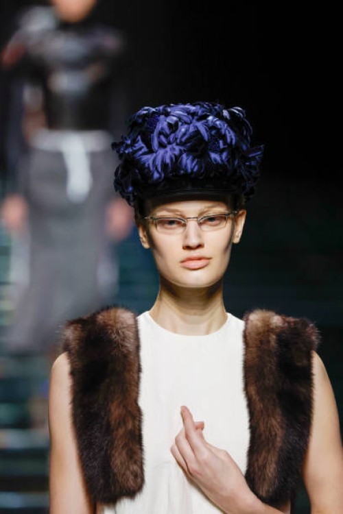 Models on the catwalk at the Prada show at Fondazione Prada in Milan, Italy.