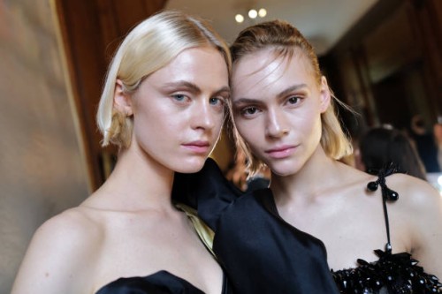Models pose backstage prior to the Peet Dullaert Womenswear Spring/Summer 2024 show as part of Paris Fashion Week on September 29, 2023 in Paris,...
