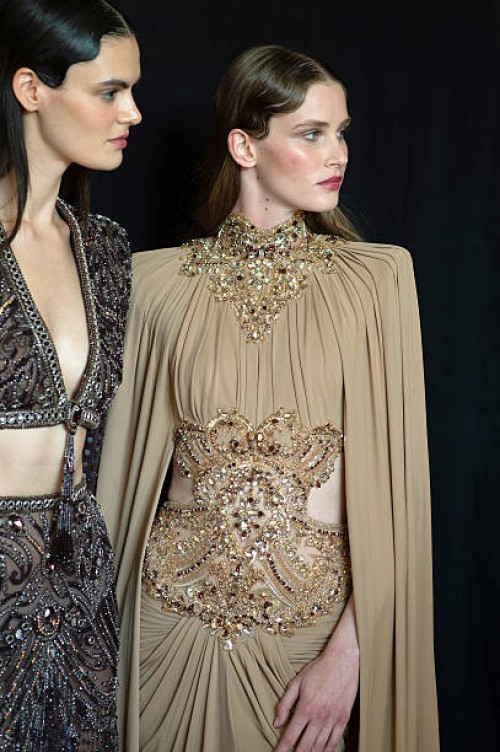 Models pose backstage prior to the Zuhair Murad Haute Couture Fall/Winter 2025/2026 show as part of Paris Fashion Week on July 09, 2025 in Paris,...