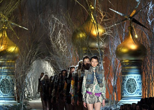 Models walk down the runway at the Just Cavalli fashion show as part of Milan Fashion Week Autumn/Winter 2005/6 at " Fabbrica del Vapore" on February...