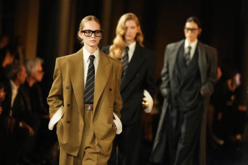 Models walk the runway during the Saint Laurent Womenswear Spring-Summer 2025 show as part of Paris Fashion Week on September 24, 2024 in Paris,...
