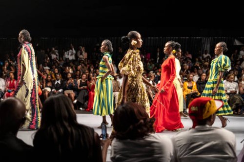 Models wearing creations by Nigerian designer Orire walk the runway during Lagos Fashion Week in Lagos on October 26, 2024.