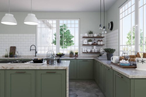 modern and bright interior pastel kitchen - home decoration stock pictures, royalty-free photos & images