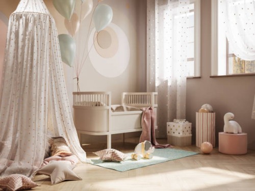 modern baby room interior withteepee, crib, balloons, and toys. birthday concept. - home decoration stock pictures, royalty-free photos & images