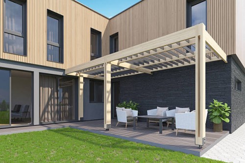 modern backyard terrace with canopy, wood decking, and scandinavian facade - garden decoration stock pictures, royalty-free photos & images