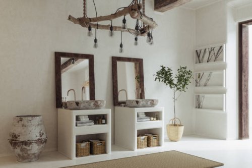 modern bathroom with marble sinks, white cabinets and potted plant - home decoration stock pictures, royalty-free photos & images