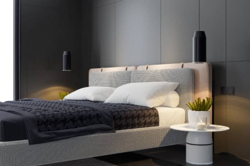 modern bedroom with matte black tile walls and floor - home decoration stock pictures, royalty-free photos & images