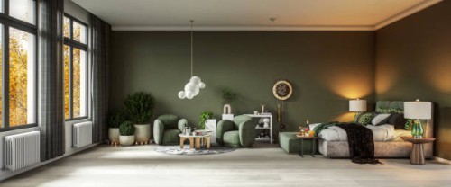 modern bohemian home interior with cozy green accents - home decoration stockfoto's en -beelden
