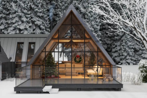 modern chalet in winter with christmas decoration. living room with christmas tree and gift boxes. snow covered trees on background - garden decoration stock pictures, royalty-free photos & images