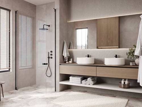 modern contemporary beige concrete bathroom with shower and nobody present - home decoration stock pictures, royalty-free photos & images