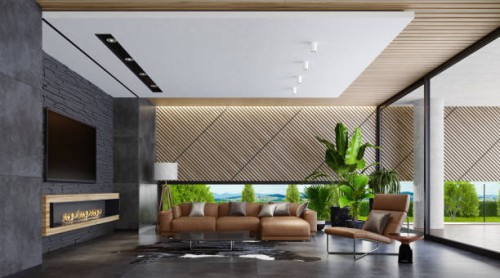 modern country style villa living room with eco fireplace - home decoration stock pictures, royalty-free photos & images