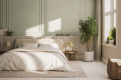 modern cozy bedroom in pastel tones - home decoration stock pictures, royalty-free photos & images