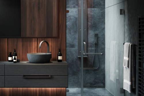 modern dark luxury minimalist bathroom - home decoration stock pictures, royalty-free photos & images