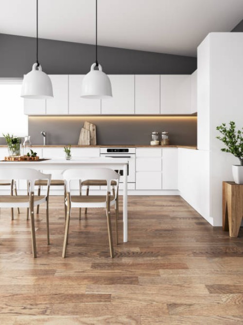 modern dining room and kitchen - home decoration stock pictures, royalty-free photos & images