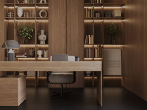 modern empty ceo office interior with wooden table, office chair and wooden cabinets. 3d rendering. - home decoration stock pictures, royalty-free photos & images