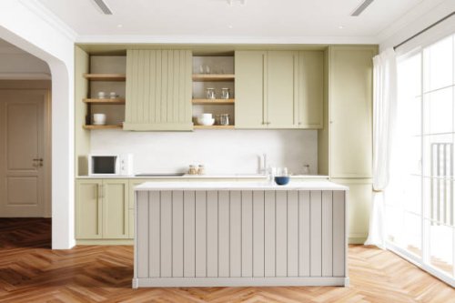modern kitchen in luxury home with island and hardwood floor - home decoration stock pictures, royalty-free photos & images
