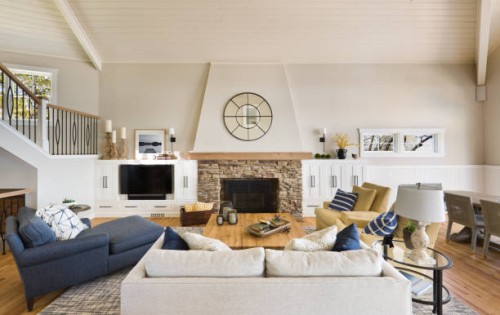 modern living room home interior design with fireplace and television - home decoration stock pictures, royalty-free photos & images