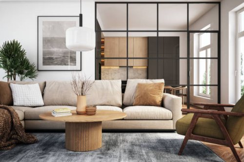 modern living room interior - 3d render - home decoration stock pictures, royalty-free photos & images
