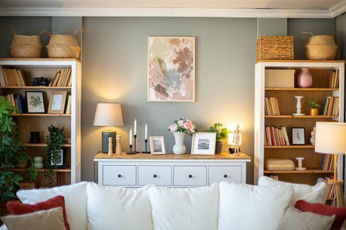 modern living room interior design with bookshelves and cozy sofa - home decoration stock pictures, royalty-free photos & images