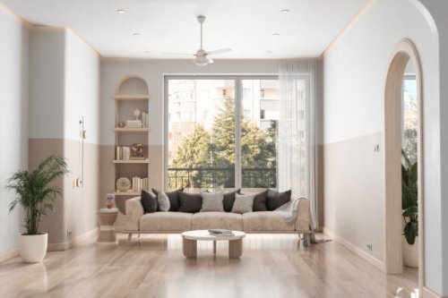 modern living room interior with sofa, coffee table, parquet floor and garden view from the window - home decoration stock pictures, royalty-free photos & images