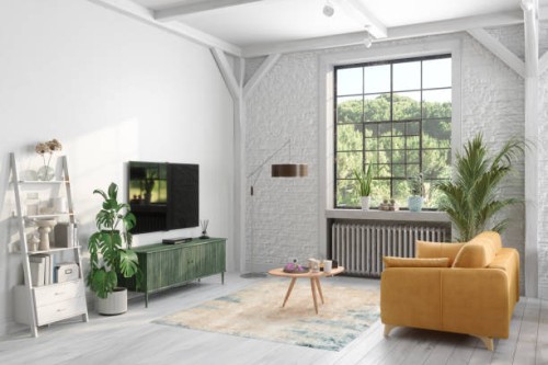 modern living room interior with television set, bookshelf, potted plant coffee table and rear view of sofa - home decoration stock pictures, royalty-free photos & images