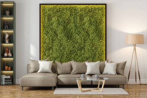 modern living room with beige sofa, coffee table, floor lamp and vertical garden - garden decoration stock pictures, royalty-free photos & images