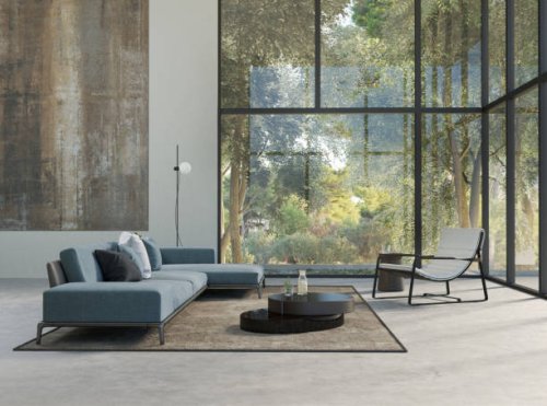 modern living room with forest view - home decoration stock pictures, royalty-free photos & images