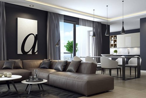 modern luxury black style apartment with leather sofa - home decoration stock pictures, royalty-free photos & images
