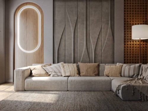 modern luxury living room interior with wall decorating panels and sofa. - home decoration stock pictures, royalty-free photos & images