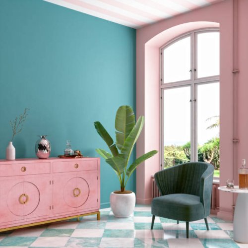 modern mid century living room interior in pastel colors - home decoration stock pictures, royalty-free photos & images
