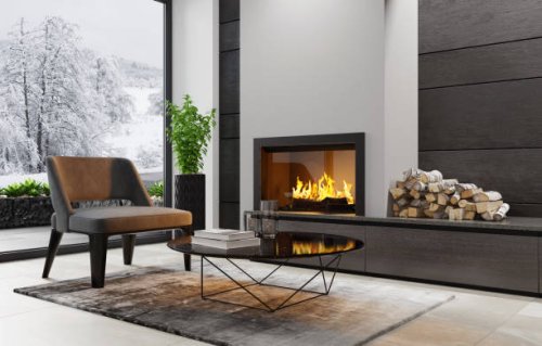 modern minimalist apartment interior living room with fireplace - home decoration stock pictures, royalty-free photos & images