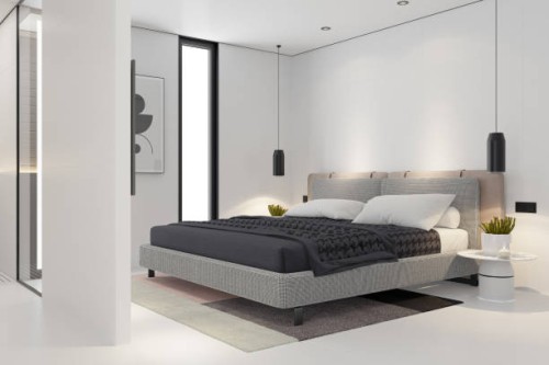 modern minimalist master bedroom with elegant design - home decoration stock pictures, royalty-free photos & images