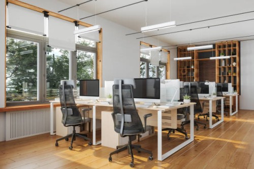 modern office space with computers, tables and office chairs - garden decoration stock pictures, royalty-free photos & images