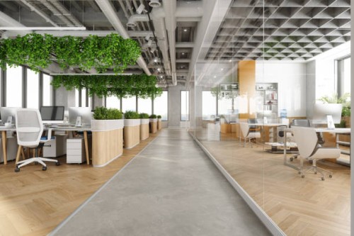 modern open plan office space with tables, office chairs, creeper plants and manager room - home decoration stock pictures, royalty-free photos & images