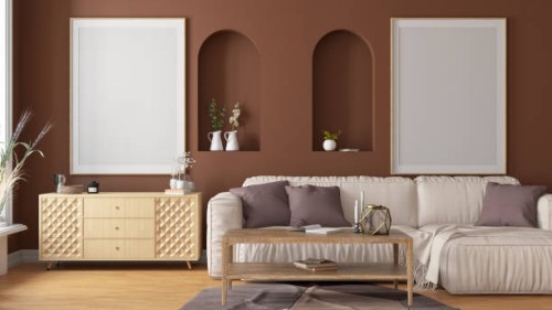 modern scandinavian style living room with two empty mock-up picture frames - home decoration stock pictures, royalty-free photos & images