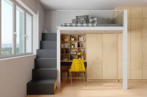 modern teen room with bunkbed, study desk, bookshelf and wooden cabinet - home decoration stock pictures, royalty-free photos & images