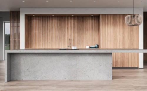 modern white kitchen with rectangular gray concrete breakfast kitchen island and counter top - garden decoration stock pictures, royalty-free photos & images