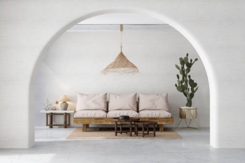modern white living room with sofa, coffee table, cactus plant and pendant light - home decoration stock pictures, royalty-free photos & images
