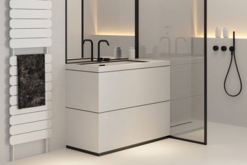 modernes minimalistisches badezimmer im skandinavischen stil. weiß-schwarz-konzept. - home decoration stock-fotos und bilder