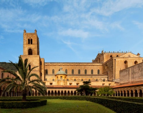 monreale cathedral exterior and the benedictine cloister - garden decoration stock pictures, royalty-free photos & images