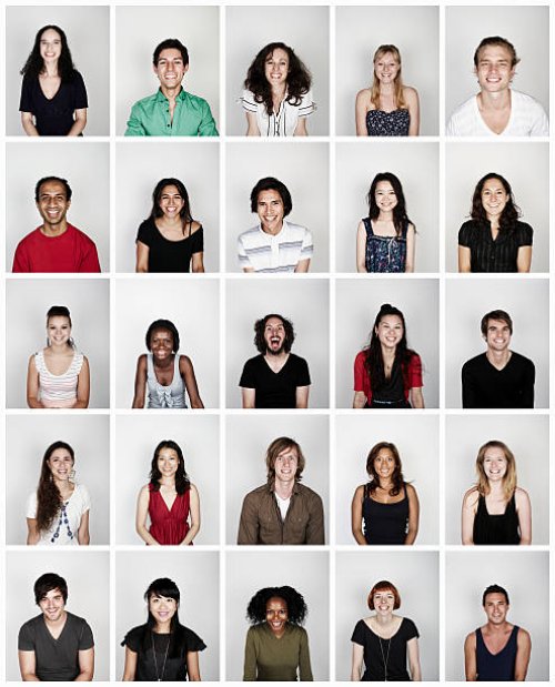 montage of a group of people smiling - hairstyle stockfoto's en -beelden