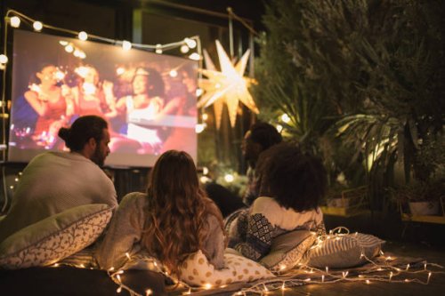 movie night at back yard - garden decoration stock pictures, royalty-free photos & images