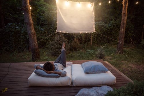 movie night at porch - garden decoration stock pictures, royalty-free photos & images