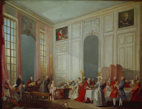 Mozart Giving A Concert In The Salon des Quatre-Glaces at the Palais du Temple In The Court Of The Prince De Conti in 1766, circa 1770. Found in the...