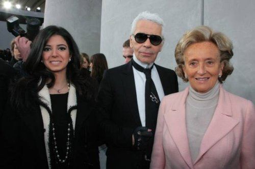 Mrs Hariri, Karl Lagerfeld and Bernadette Chirac attend the Chanel Fashion show, during Paris Fashion Week Spring-Summer 2008 at Grand Palais on...