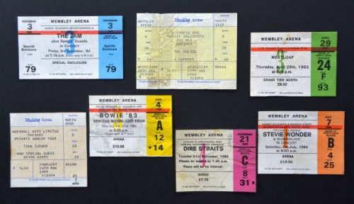 Music memorabilia - A selection of Wembley Arena concert tickets, 1982-1985, photographed on 19th October 2020. It includes shows by David Bowie, The...